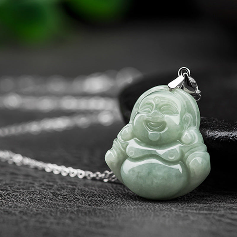 Mythstone 925 Sterling Silver Laughing Buddha Jade Blessing Necklace Chain Pendant