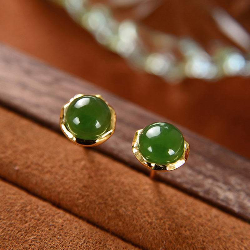 Mythstone 925 Sterling Silver Plated Gold Natural Hetian Cyan Jade Bead Luck Stud Earrings