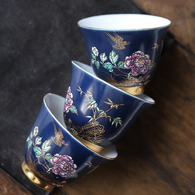 Mythstone Golden Magpie Peony Flower Ceramic Teacup Kung Fu Tea Cup