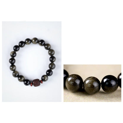 Pulsera curativa con personaje Om Mani Padme Hum Fu y obsidiana arcoíris con brillo dorado natural de Mythstone 