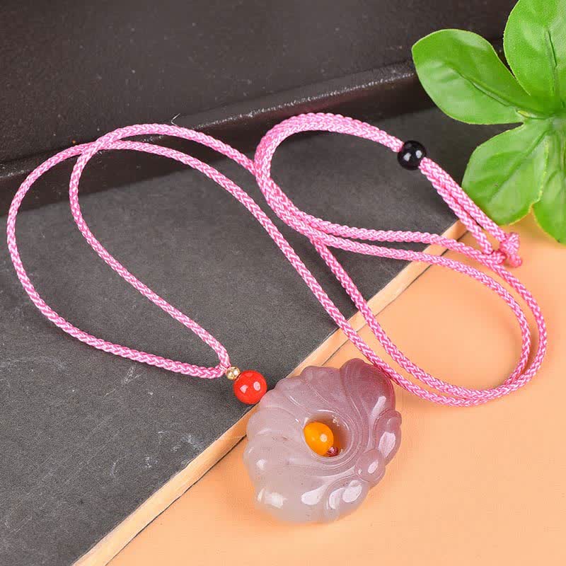 Pink Golden Silk Jade Lotus Flower Wealth Necklace Pendant