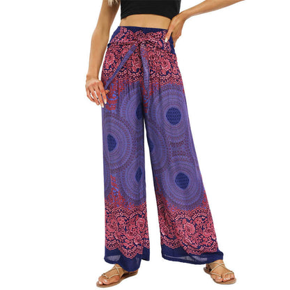 Mythstone Bohemian Compass Flower Print Lace-up Wide Leg Pants Women's Yoga Pants