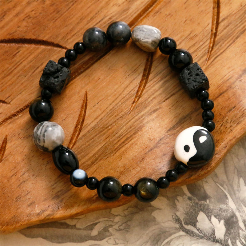 Mythstone Black Onyx Picasso Jasper Bead Yin Yang Fortune Protection Bracelet