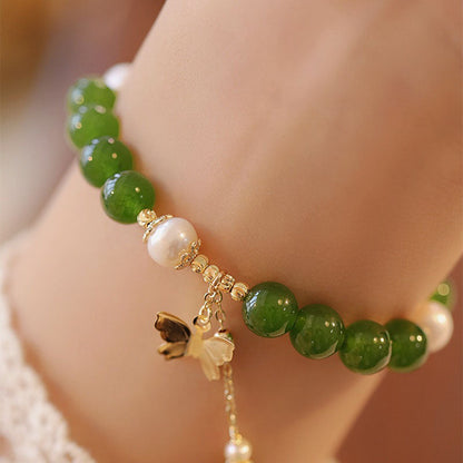 Mythstone Natural Green Chalcedony Pearl Butterfly Courage Strength Bracelet