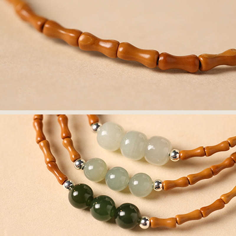 Mythstone Natural Olive Pit Bamboo Pattern Hetian Jade Beads Luck Bracelet