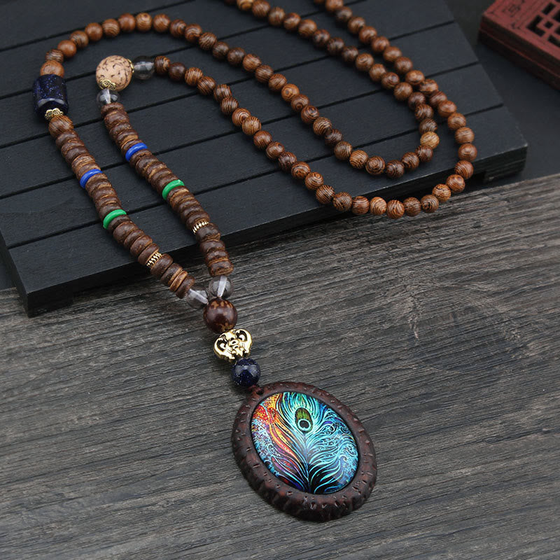 Mythstone Tibetan Wenge Wood Bodhi Seed Agate Elephant Protection Necklace Pendant