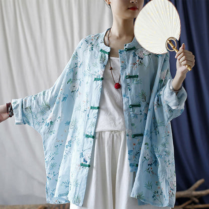 Mythstone Light Green Pink Flowers Green Leaves Frog-Button Long Sleeve Ramie Linen Jacket Shirt