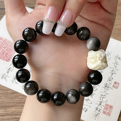 Pulsera de protección con león danzante y semilla de bodhi de obsidiana plateada y brillo de piedra mitológica