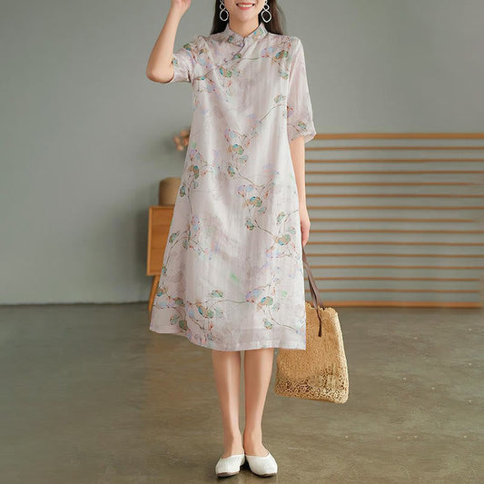 Mythstone Frog-button Leaves Branches Midi Dress Cotton Linen Short Sleeve Dress With Pockets