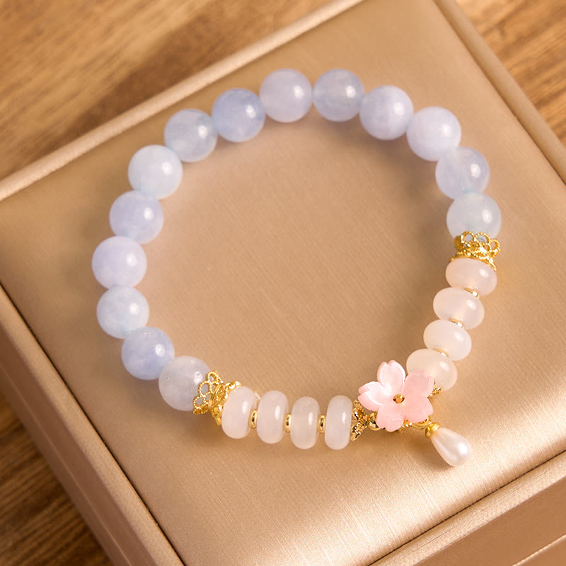 Mythstone Aquamarine White Agate Pearl Abacus Beads Flower Healing Bracelet