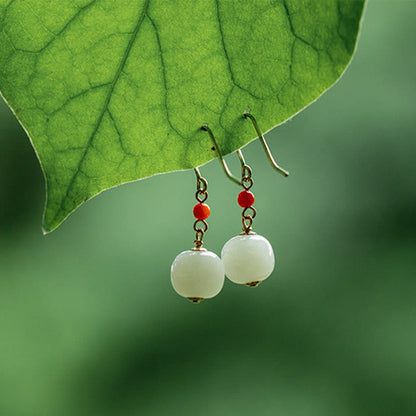 Mythstone 925 Sterling Silver 14K Gold Plated Hetian Jade Red Agate Luck Drop Dangle Earrings