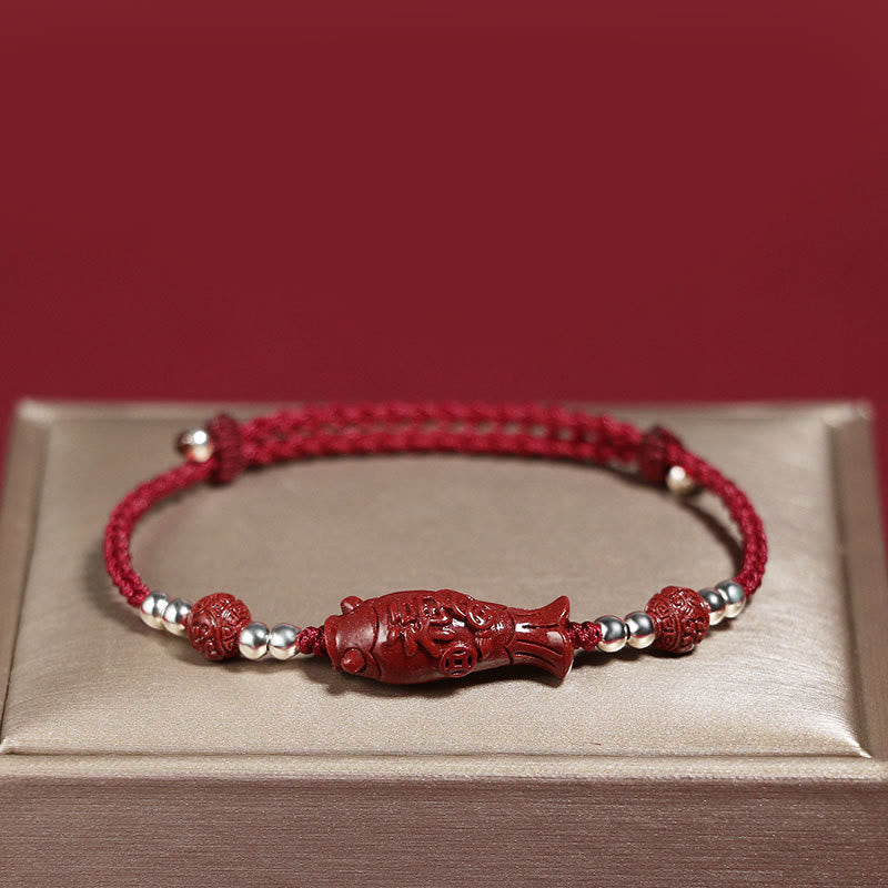 Mythstone 925 Sterling Silver Koi Fish Cinnabar Fu Character Copper Coin Wealth Braided Bracelet