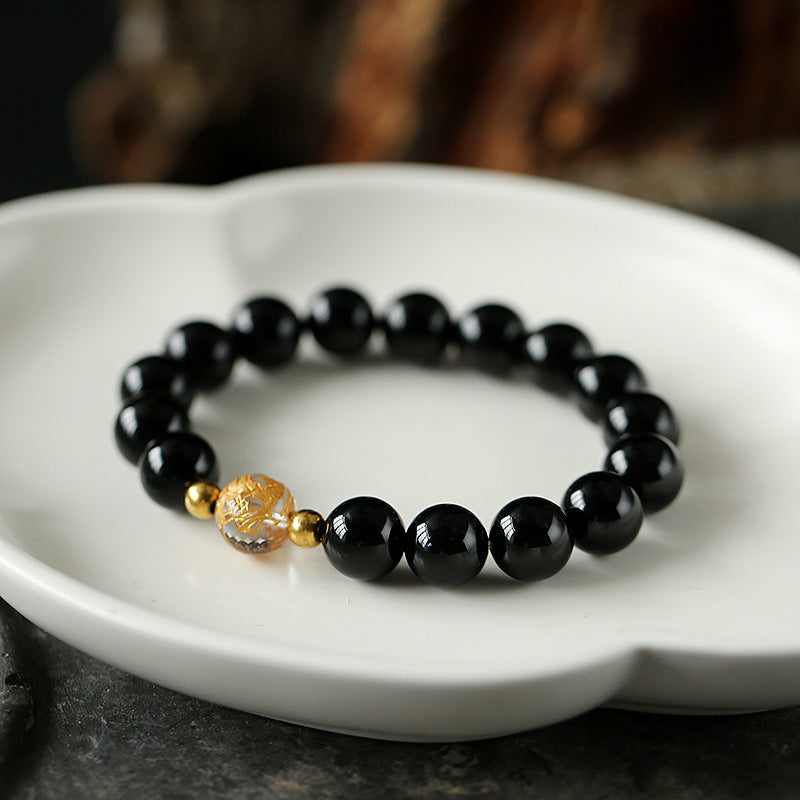 Mythstone Natural Black Obsidian White Crystal Black Onyx Dragon Strength Bracelet