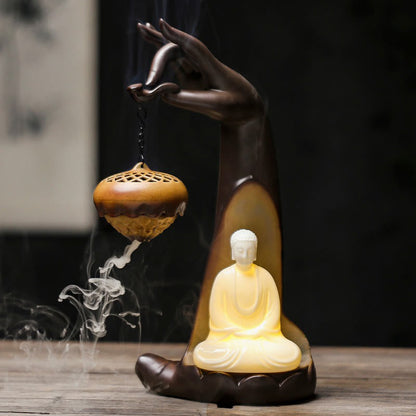 Quemador de incienso de cerámica con forma de mano de Buda y luz LED Mythstone, fuente de humo con reflujo, decoración curativa 