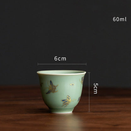 Mythstone Green Porcelain Butterfly Flower Salmon Fish Ceramic Gaiwan Sancai Teacup Kung Fu Tea Cup And Saucer With Lid