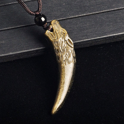 Mythstone Natural Black Obsidian Ice Obsidian Rainbow Obsidian Wolf Tooth Pattern Strength Necklace Pendant