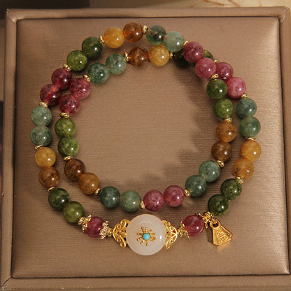 Mythstone Natural Multicolored Tourmaline Positive Jade Flower Double Wrap Bracelet