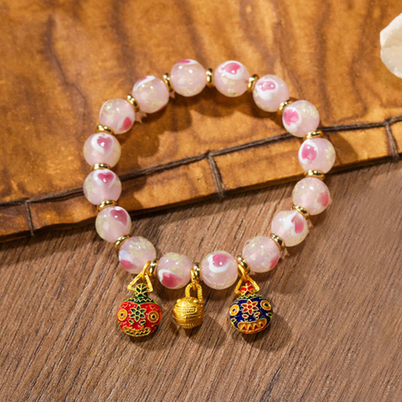 Mythstone Gold Swallowing Beast Family Charm Luminous Pink Love Heart Fluorescent Liuli Glass Bead Blessings Bracelet