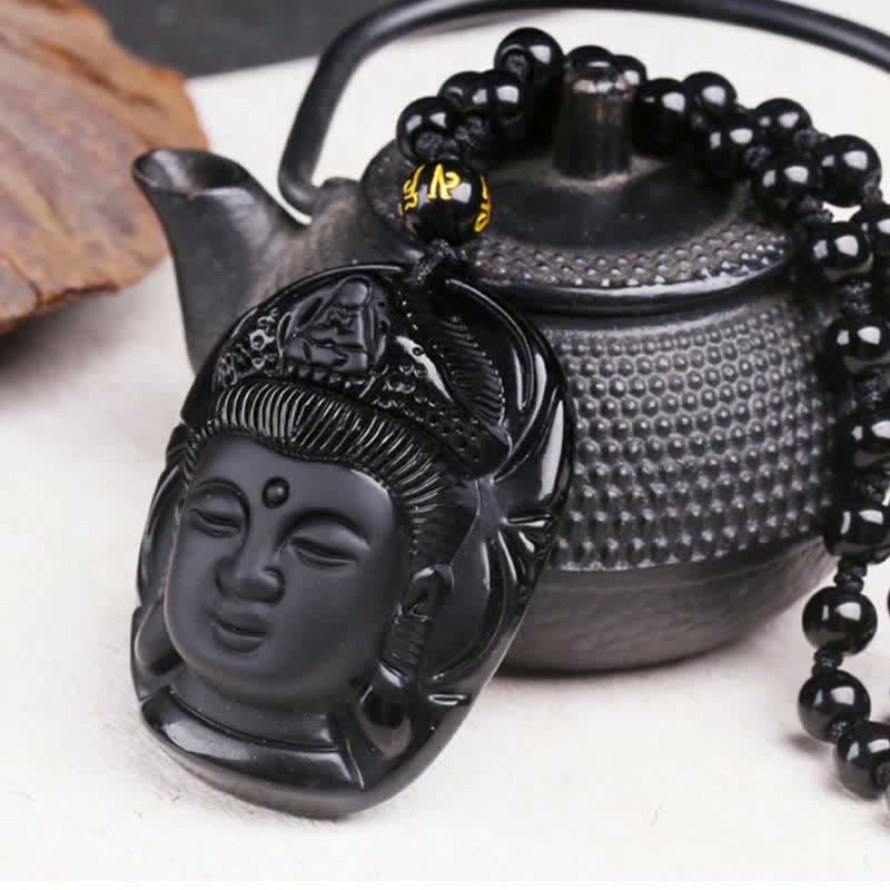 Collar con colgante de hilo de fuerza Avalokitesvara Kwan Yin de obsidiana negra natural Mythstone