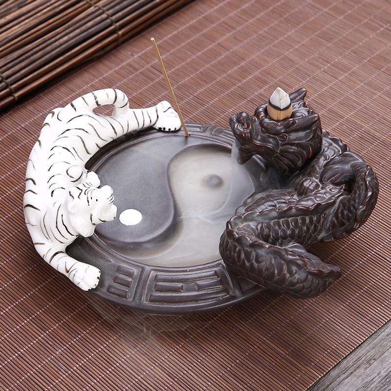 Mythstone Tiger Dragon Backflow Smoke Fountain Ceramic Yin Yang Blessing Incense Burner Decoration