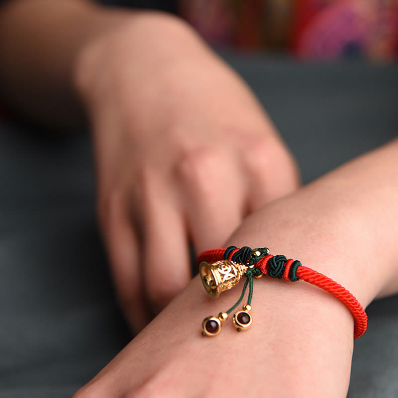 Mythstone 14K Gold Plated Copper Coin Bell Garnet Handcrafted Red Rope Bracelet