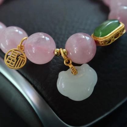 Mythstone 925 Sterling Silver Natural Madagascar Rose Quartz Hetian Jade Wish Lock Peace Bracelet