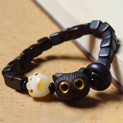 Mythstone Ebony Wood Cute Cat Bodhi Seed Paw Claw Square Beads Calm Bracelet