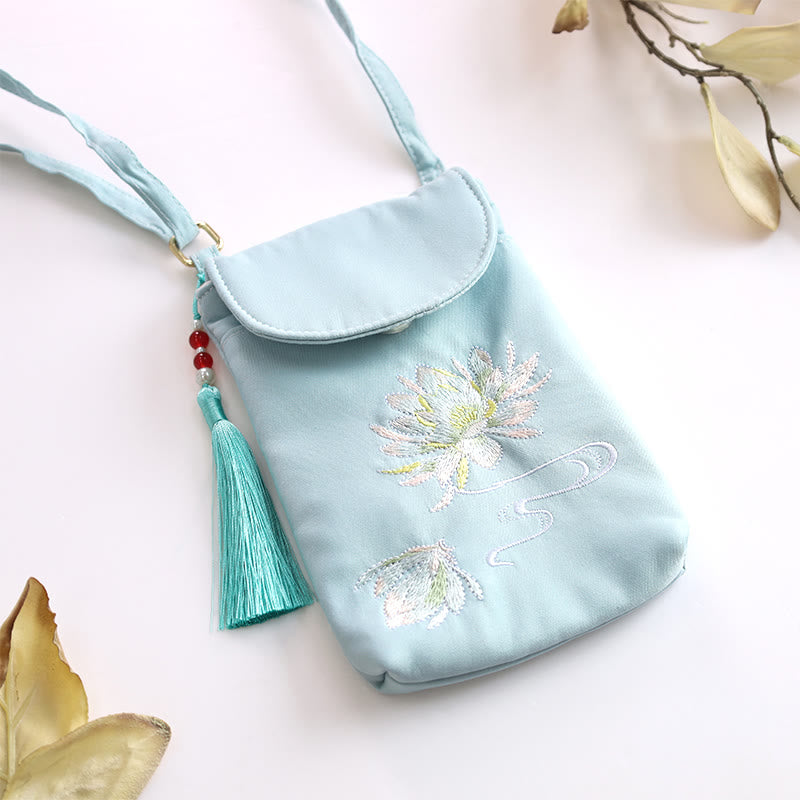 Mythstone Small Embroidered Flowers Crossbody Bag Shoulder Bag Double Layer Cellphone Bag