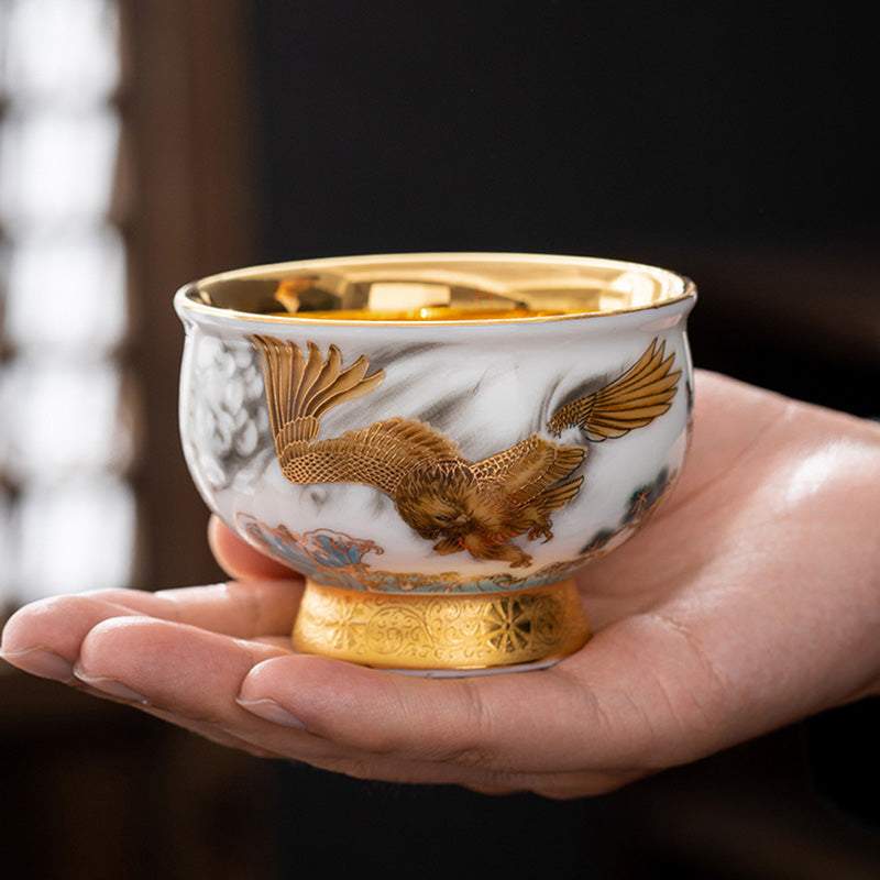 Mythstone Golden Eagle Auspicious Dragon Sun Ocean Waves Gilt Ceramic Teacup Kung Fu Tea Cup