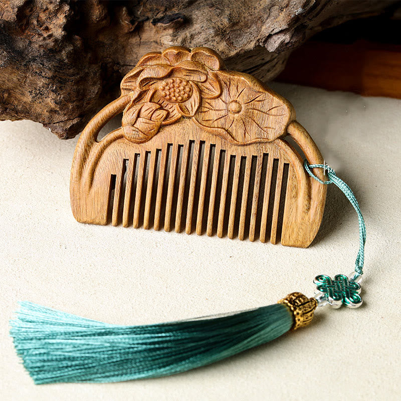 Mythstone Natural Green Sandalwood Lotus Flower Leaf Engraved Soothing Comb