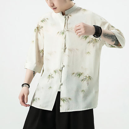 Mythstone Green Yellow Bamboo Leaves Print Half Sleeve Shirt Men's T-shirt