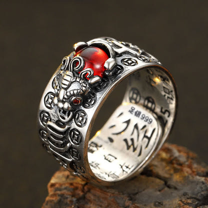 Mythstone FengShui PiXiu Red Garnet Heart Sutra Wealth Ring