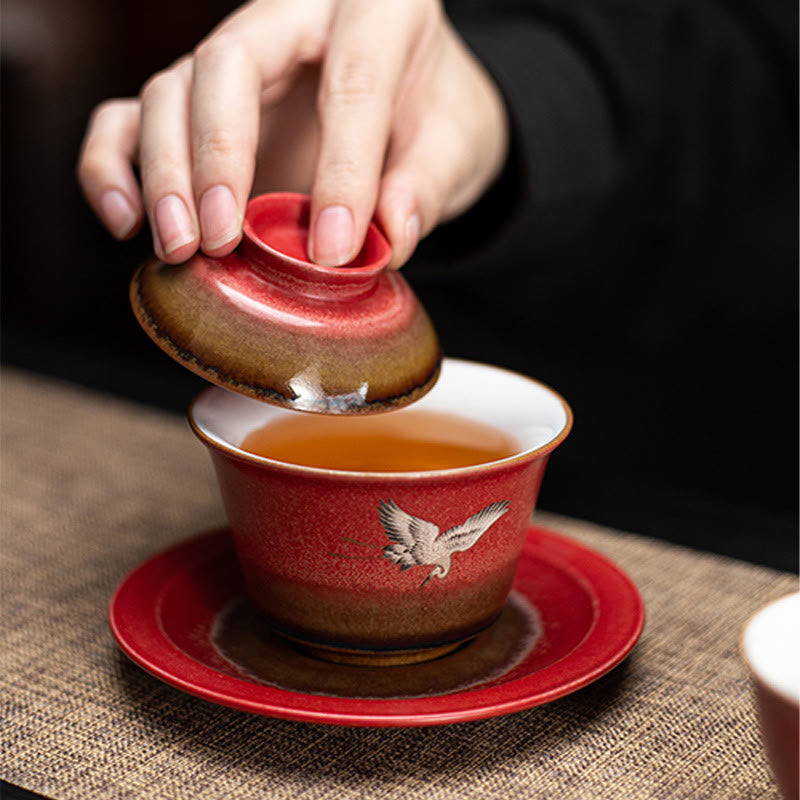 Mythstone Red Auspicious Crane Ceramic Gaiwan Sancai Teacup Kung Fu Tea Cup And Saucer With Lid