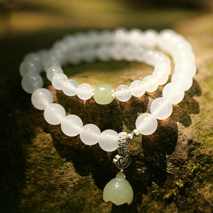 Mythstone White Agate Jade Lotus Protection Bracelet