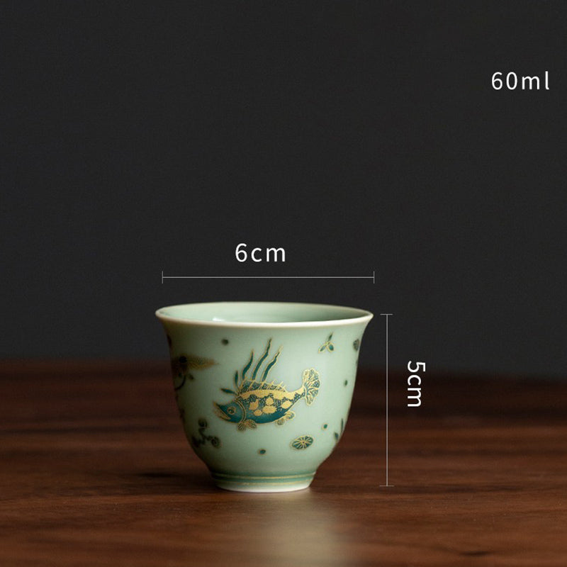 Mythstone Green Porcelain Butterfly Flower Salmon Fish Ceramic Gaiwan Sancai Teacup Kung Fu Tea Cup And Saucer With Lid