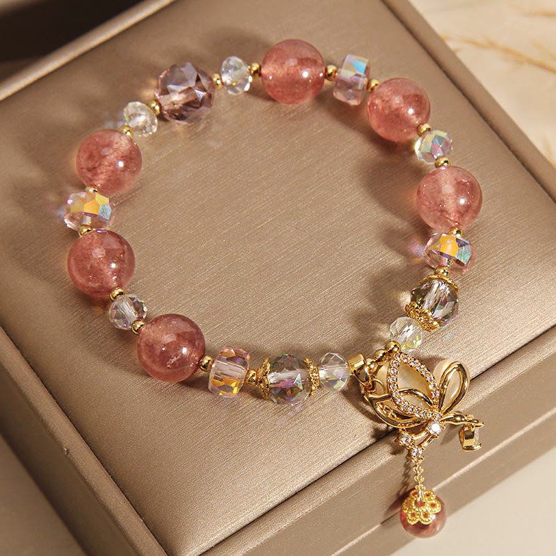 Mythstone Natural Strawberry Quartz Healing Positive Butterfly Charm Bracelet