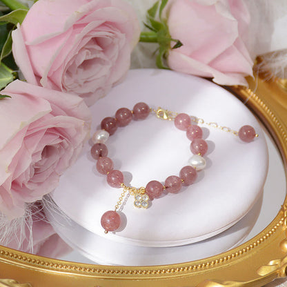 Mythstone Natural Strawberry Quartz Pearl Four Leaf Clover Love Bracelet