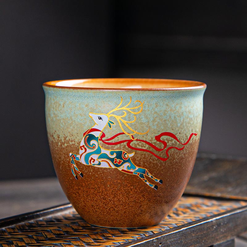 Mythstone Colorful Deer Pipa Snow Plum Blossoms Mountains Rivers Bird Ceramic Teacup Kung Fu Tea Cup Bowl