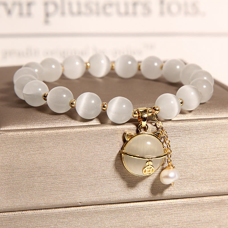 MythStone Cat's Eye Lovely Cat Pattern Pearl Love Charm Bracelet