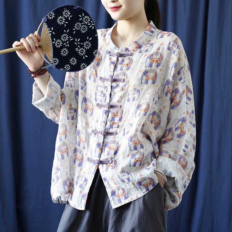 Mythstone Elephant Print Frog-button Design Batwing Long Sleeve Ramie Linen Jacket Shirt