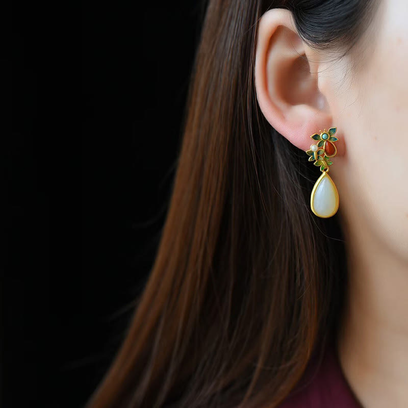 Mythstone Water Drop White Jade Red Agate Butterfly Protection Drop Dangle Earrings