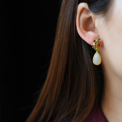 Mythstone Water Drop White Jade Red Agate Butterfly Protection Drop Dangle Earrings