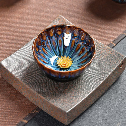 Mythstone Lotus Peacock Dragon Phoenix Koi Fish Ceramic Teacup Gold Silver Inlaid Tea Cups 120ml