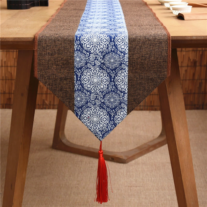 Mythstone Classic Chinese Style Lotus Koi Fish Flower Crane Calligraphy Enlightenment Cotton Linen Tassels Table Runner