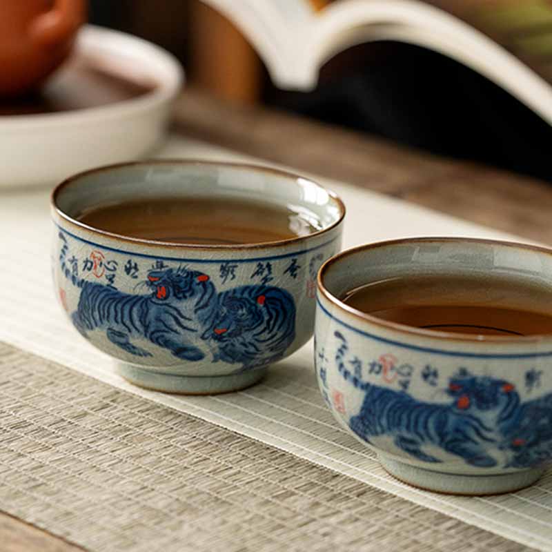 Mythstone Jingdezhen Hand Painted Cute Tiger Ceramic Teacup Kung Fu Tea Cup Bowl 140ml