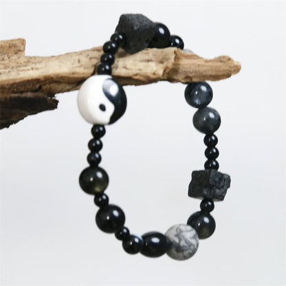 Mythstone Black Onyx Picasso Jasper Bead Yin Yang Fortune Protection Bracelet