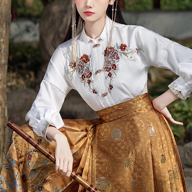 Mythstone Golden Flower Phoenix Embroidery Long Sleeve Shirt Top Chinese Hanfu Ming Dynasty Horse Face Skirt Mamianqun Skirt