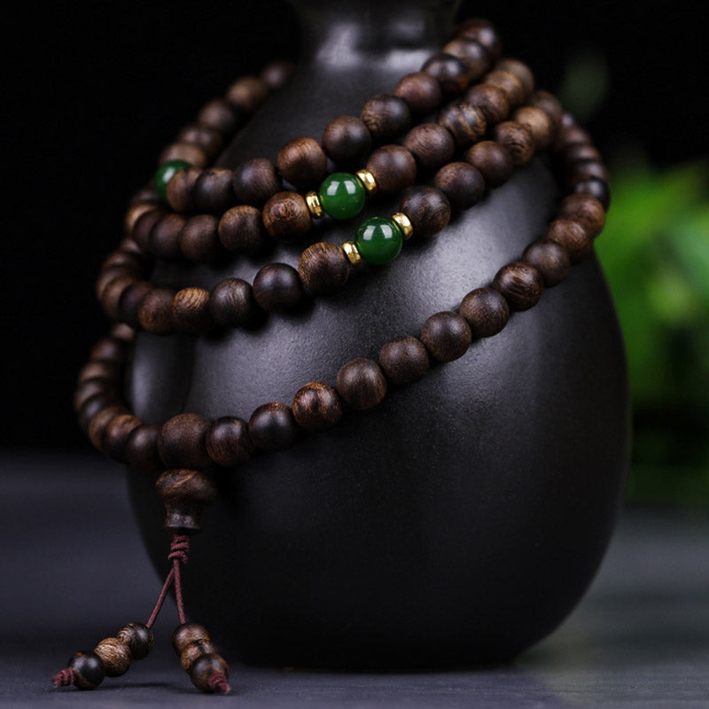 MythStone 108 Mala Beads Indonesia Tarakan Rare Agarwood Cyan Jade Ward Off Evil Spirits Bracelet