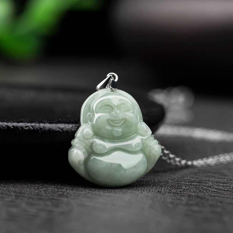 Mythstone 925 Sterling Silver Laughing Buddha Jade Blessing Necklace Chain Pendant