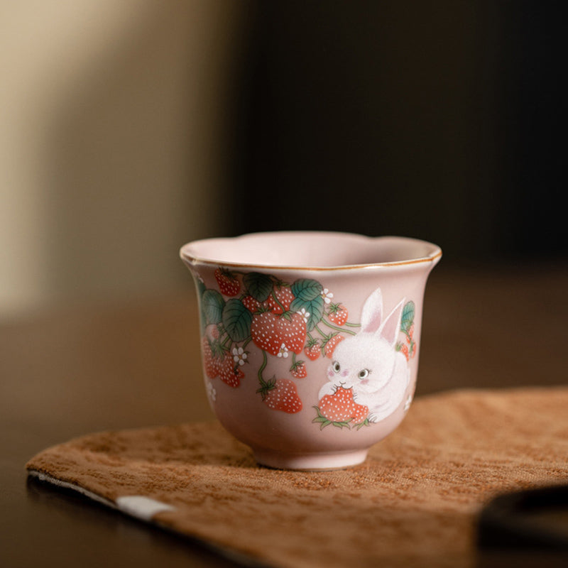 Mythstone Cute Strawberry Rabbit Flower Ceramic Teacup Kung Fu Tea Cup 55ml